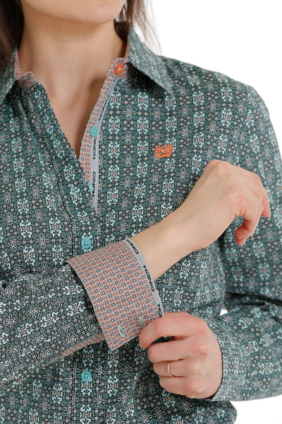 Chic Teal Patterned Cinch Women's Long Sleeve Shirt - Korvel