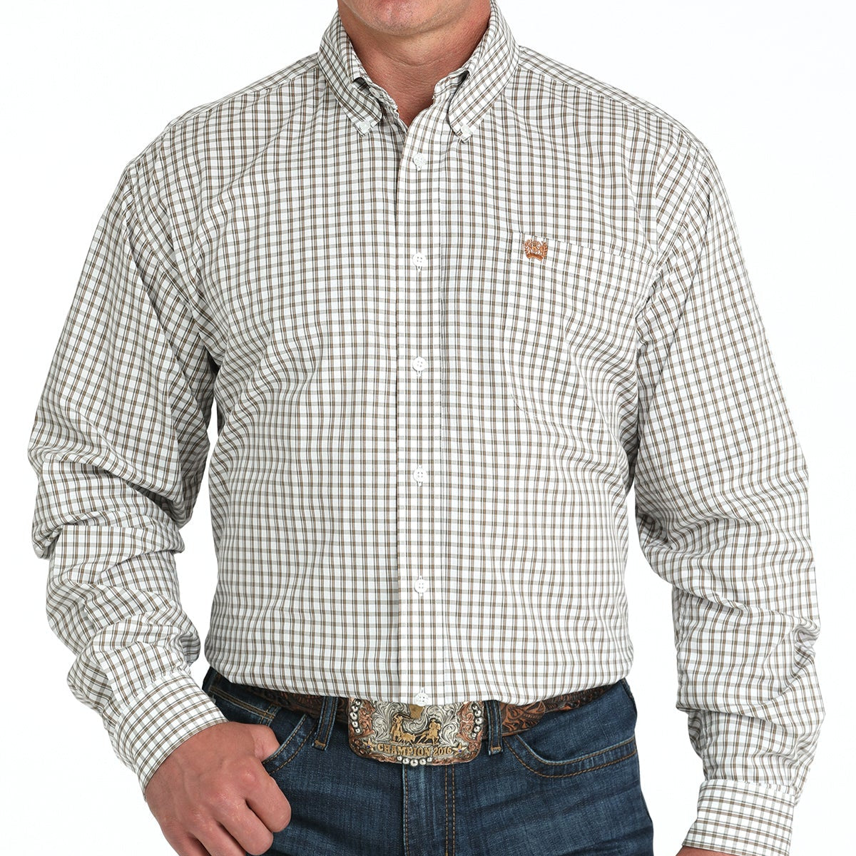 Cinch Men's Brown and White Plaid Long Sleeve Shirt - Korvel