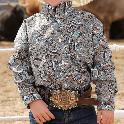 Stylish Brown Paisley Cinch Shirt for Boys - Korvel