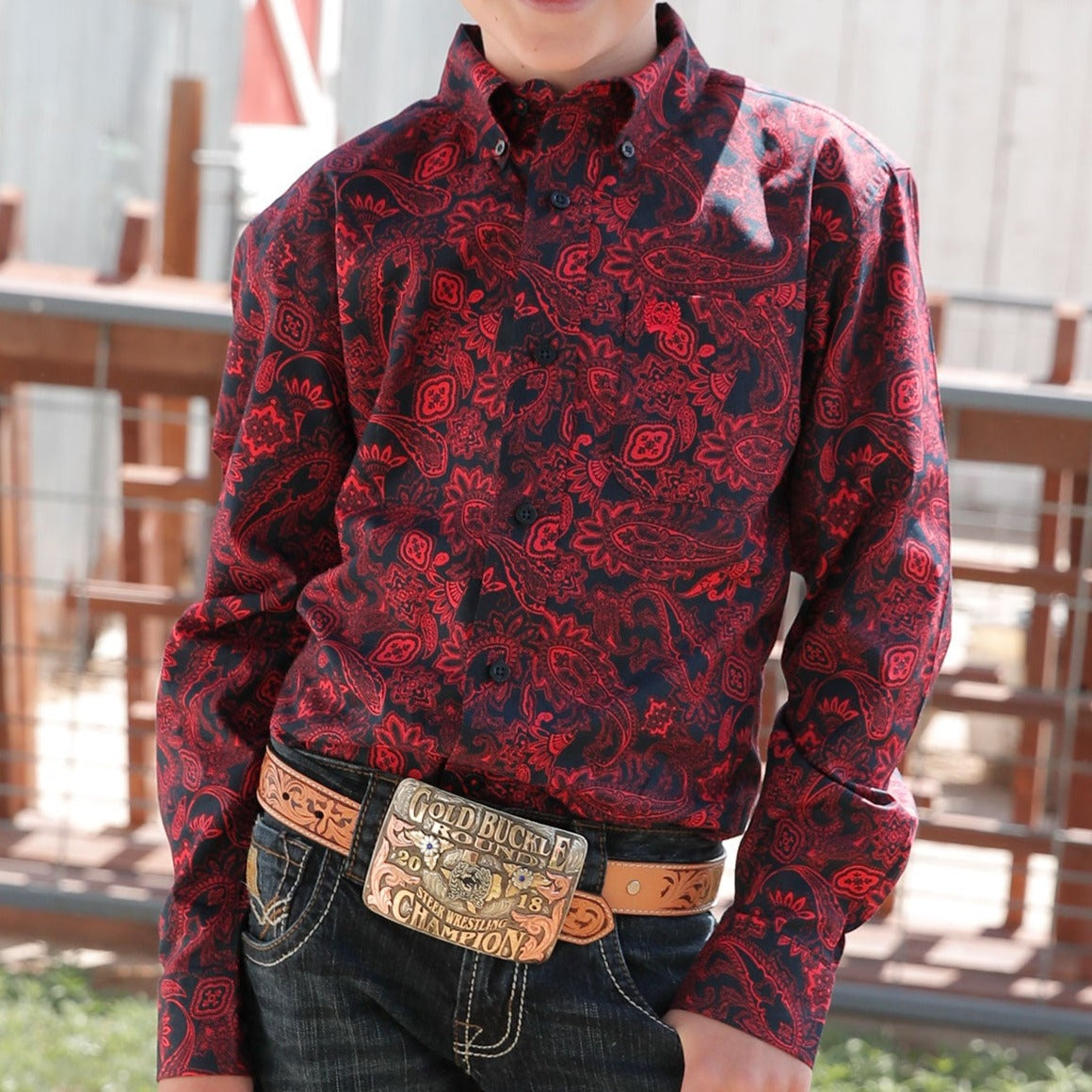 Vibrant Red Paisley Button-Up Shirt for Boys - Korvel