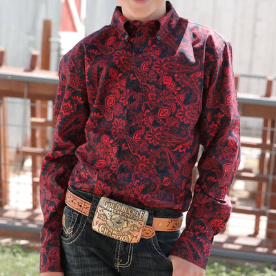 Vibrant Red Paisley Button-Up Shirt for Boys - Korvel
