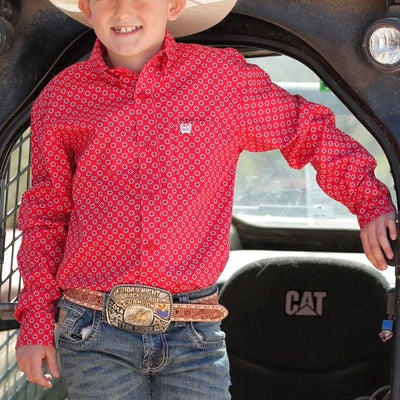 Vibrant Red Patterned Cinch Shirt for Boys - Korvel