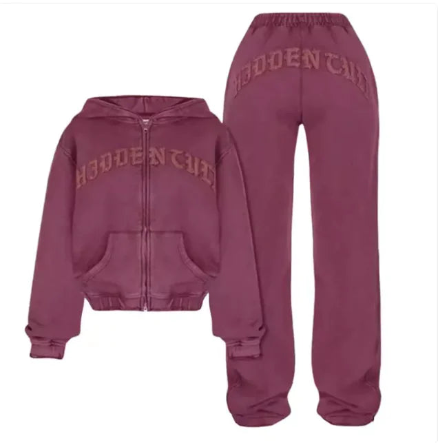 Ensemble de Sport Ins Letter : Sweat à Capuche Cropped avec Fermeture Éclair & Pantalons à Cordon