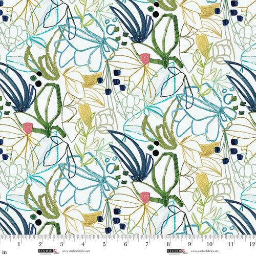 Matcha Abstract Outline Flowers Cotton Fabric - 44"/45" Per Yard