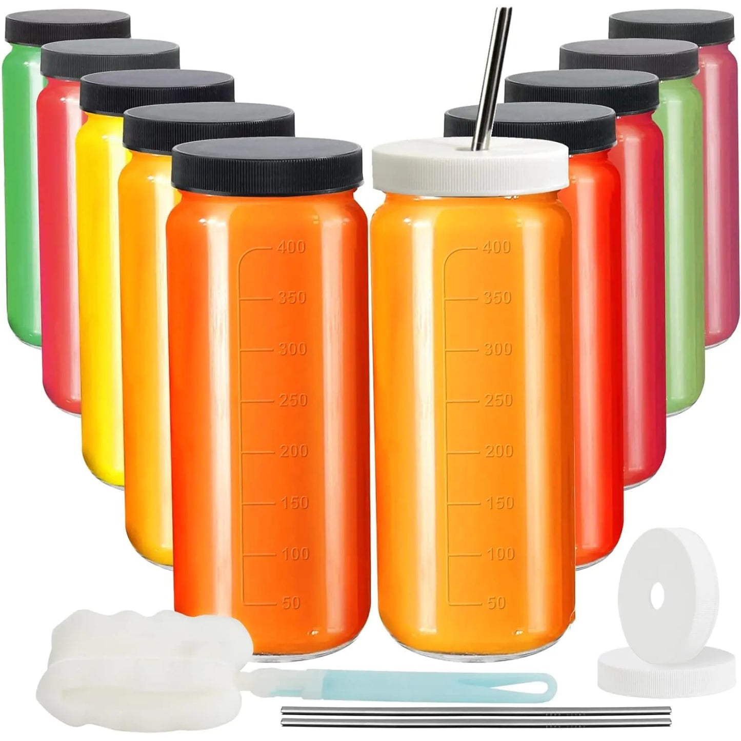 Bouteilles en verre Ruckae de 16 oz - Pack de 10 avec couvercles et pailles