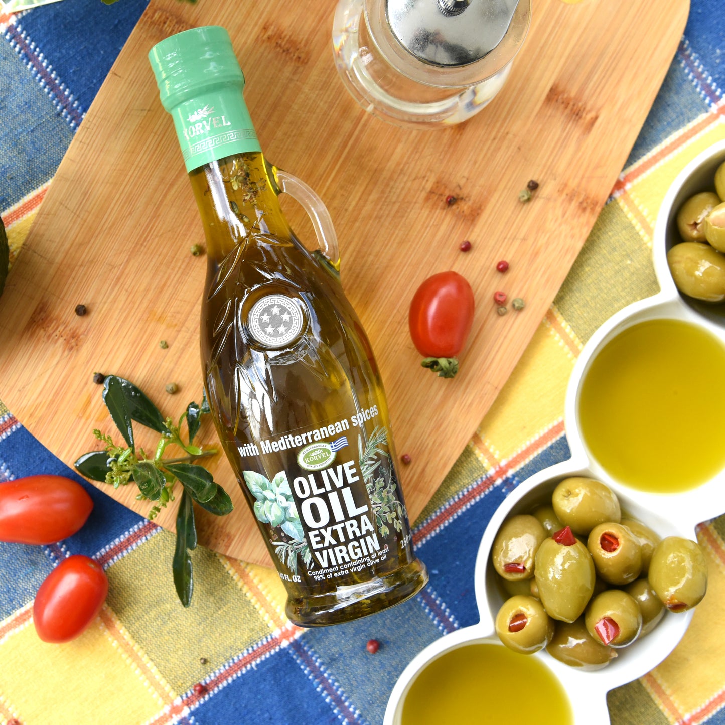 KORVEL Greek Olive Oil Set, 8.45 fl oz Mediterranean Herb olive oil & 16.9 EVOO all in Amphora bottles - Korvel