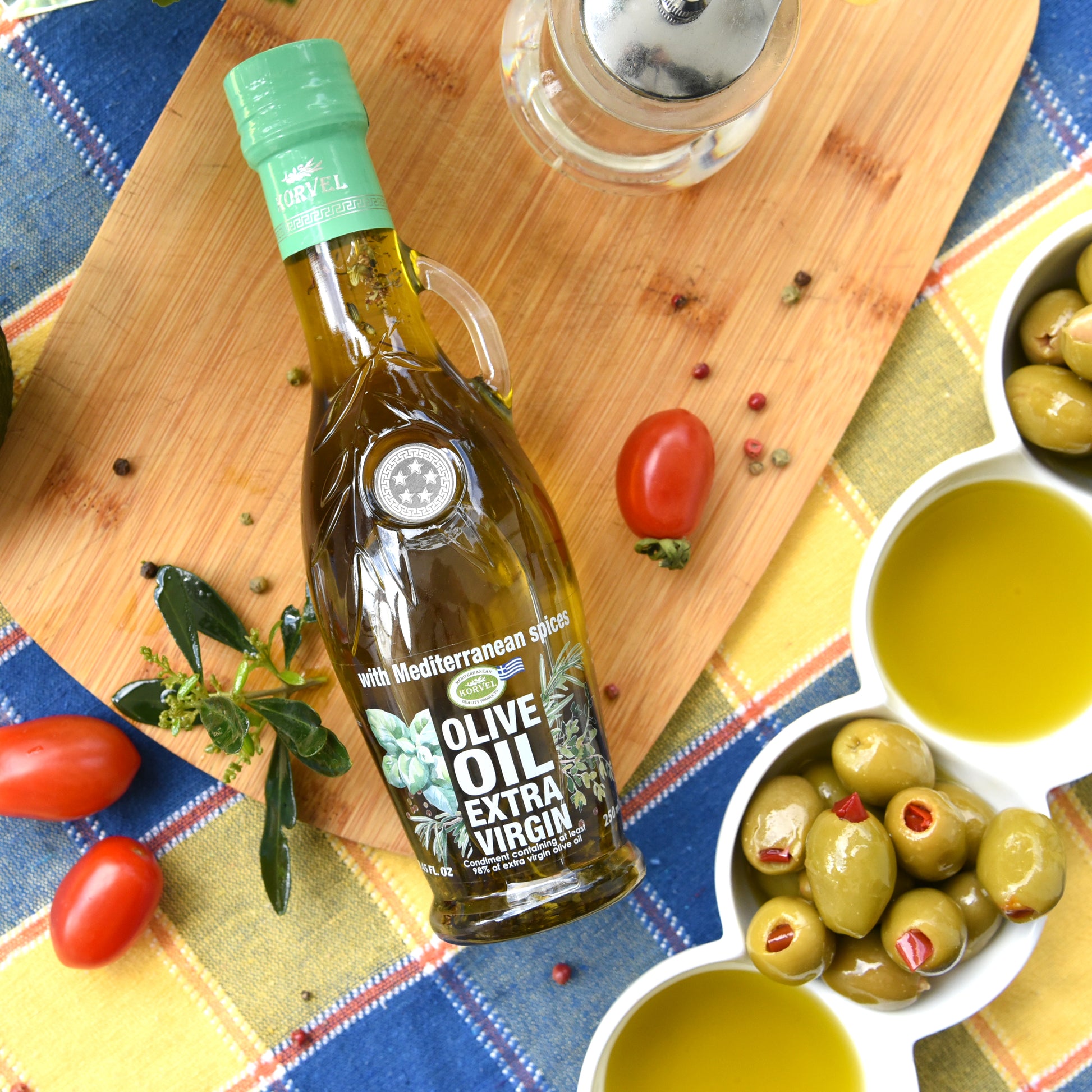 KORVEL Greek Olive Oil Set, 8.45 fl oz Mediterranean Herb olive oil & 16.9 EVOO all in Amphora bottles - Korvel