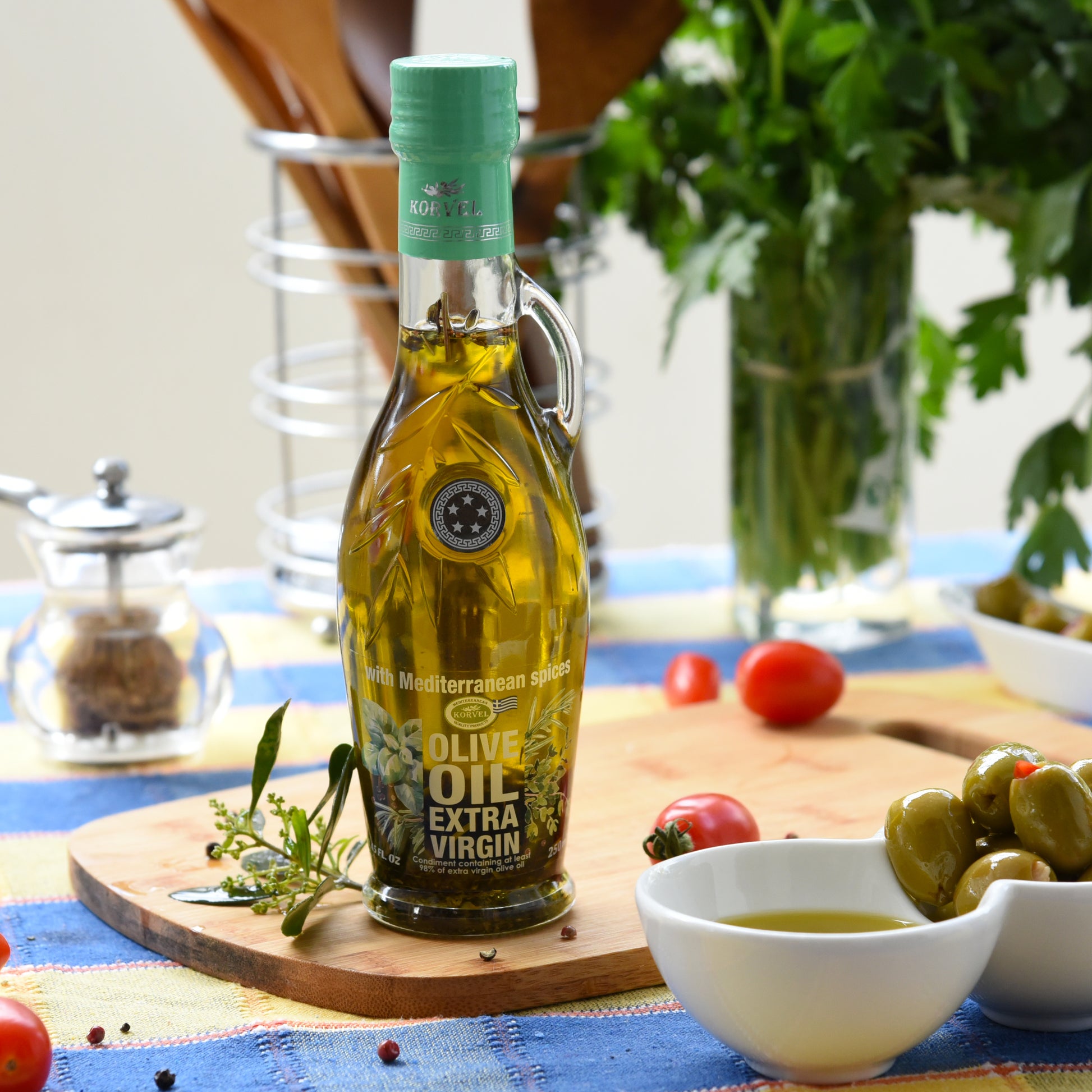 KORVEL Greek Olive Oil Set, 8.45 fl oz Mediterranean Herb olive oil & 16.9 EVOO all in Amphora bottles - Korvel