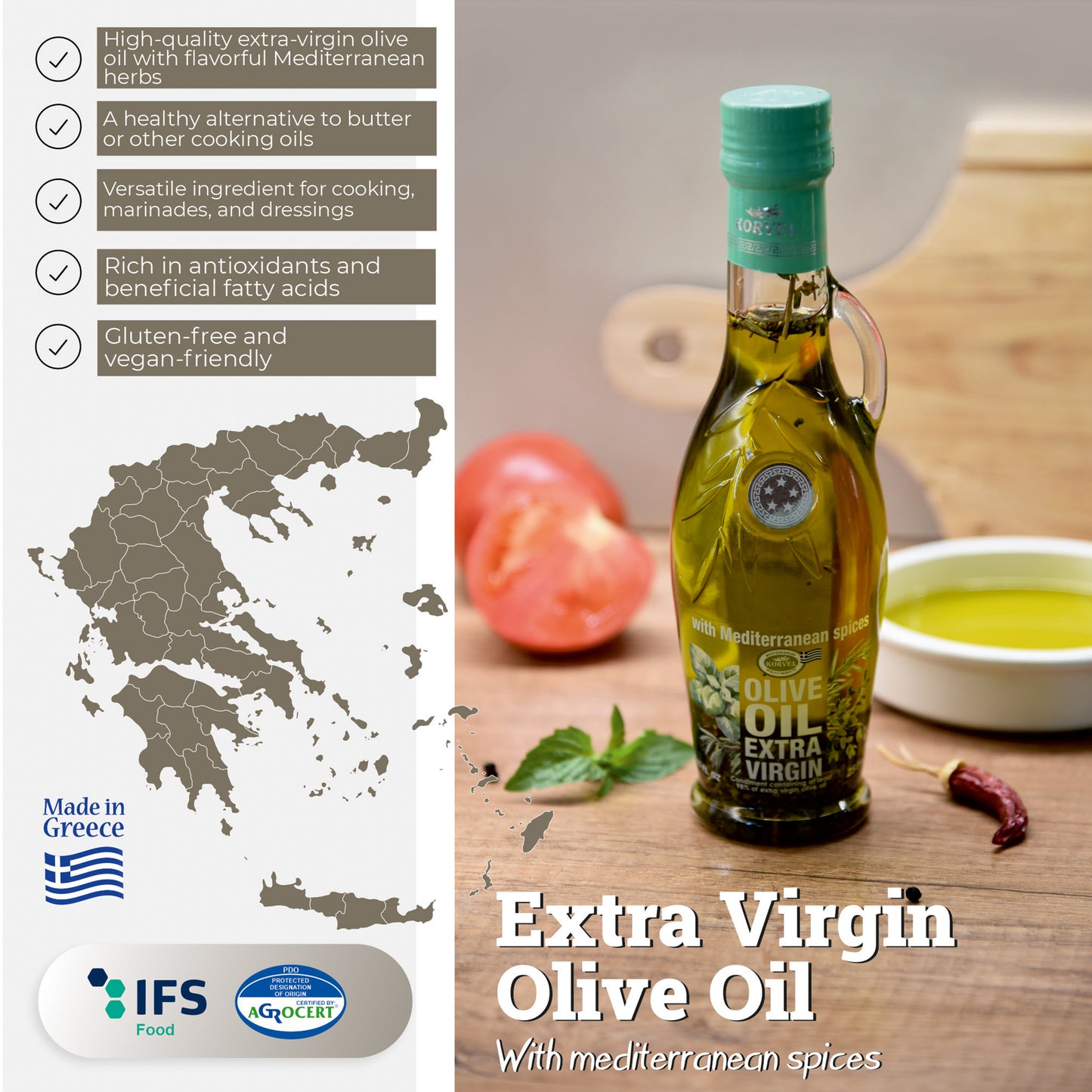 KORVEL Greek Olive Oil Set, 8.45 fl oz Mediterranean Herb olive oil & 16.9 EVOO all in Amphora bottles - Korvel