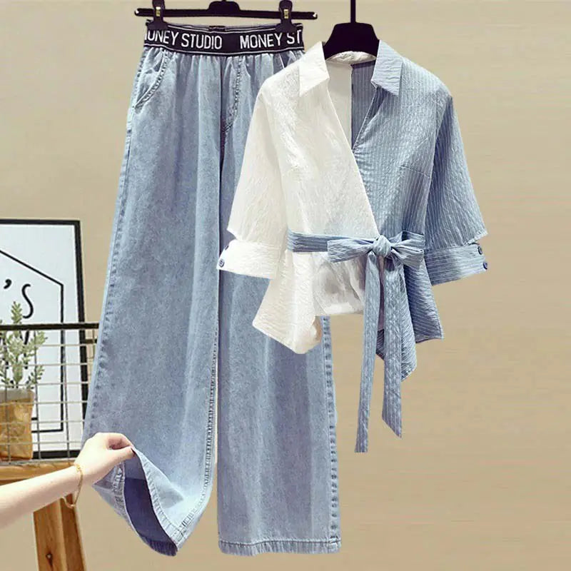 Ensemble Blouse Rayée & Pantalon en Jean