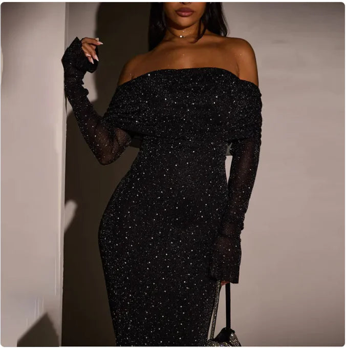 Vestido de Lentejuelas con Hombros Descubiertos para Mujeres