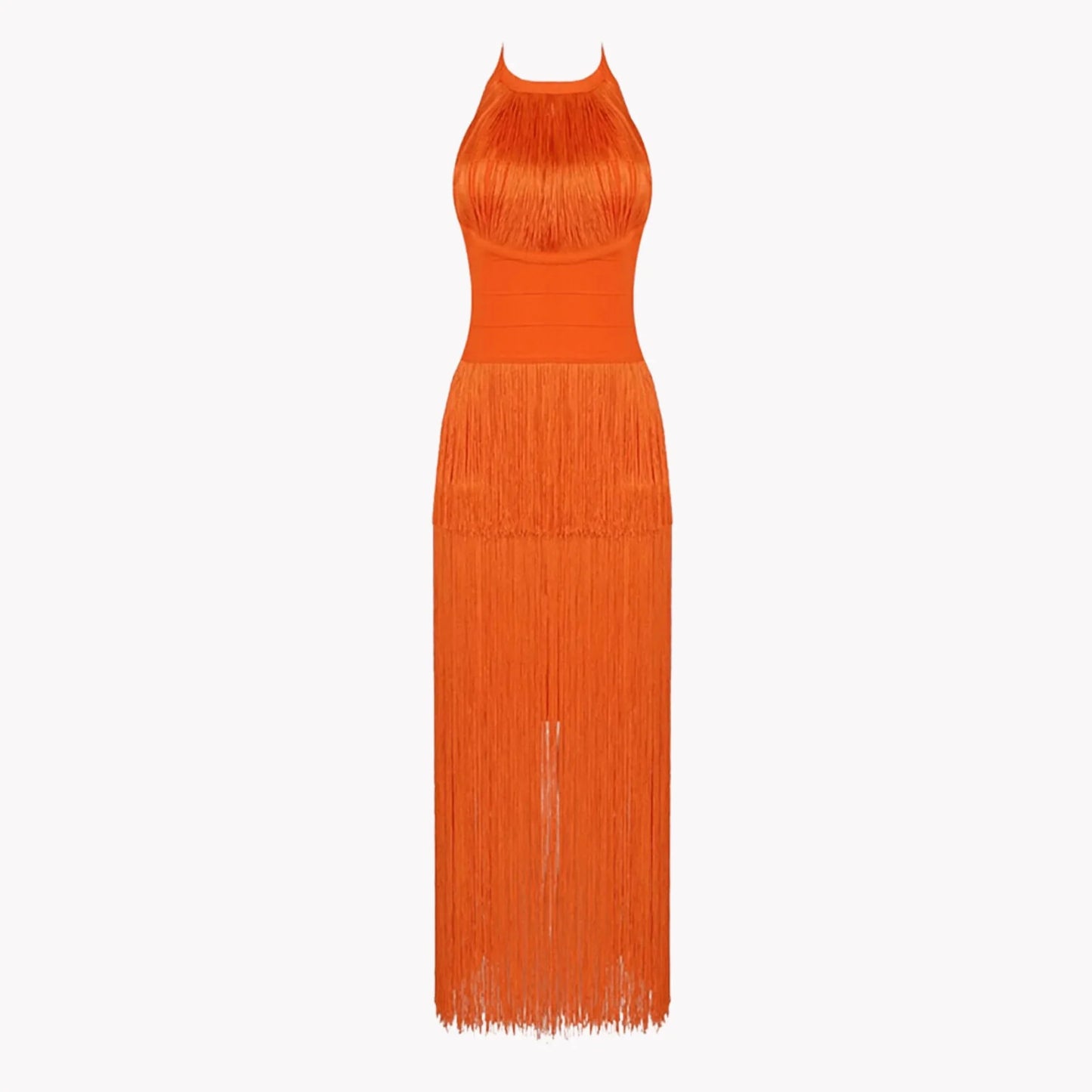 Robe dos nu à col halter avec franges