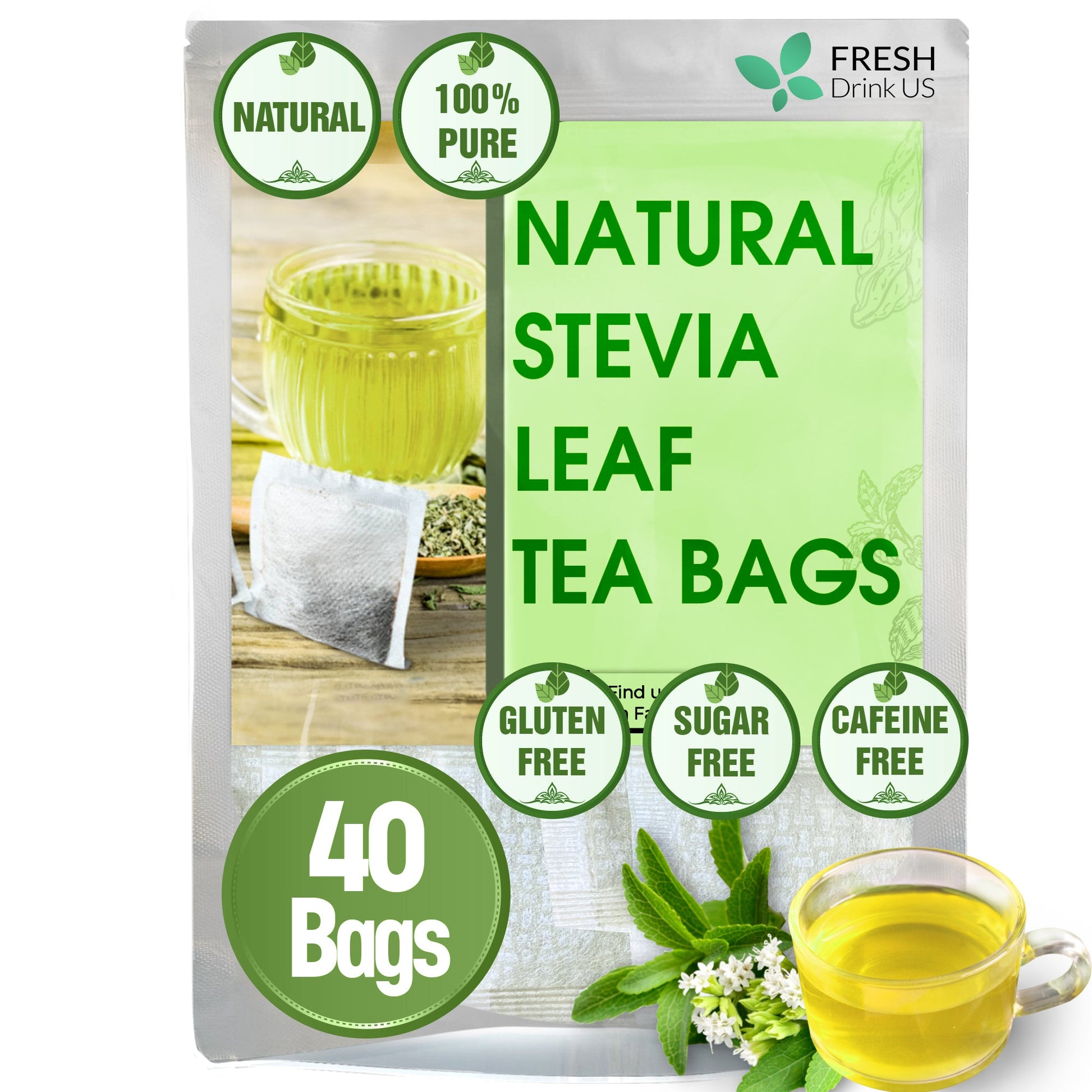 Stevia Leaf Tea Bags, 100% Natural & Pure Stevia leaves, Eco-Conscious Tea Bags, Stevia Herbal Tea. Stevia Leaf Tea. No Sugar, No Caffeine, No Gluten, Vegan - Korvel
