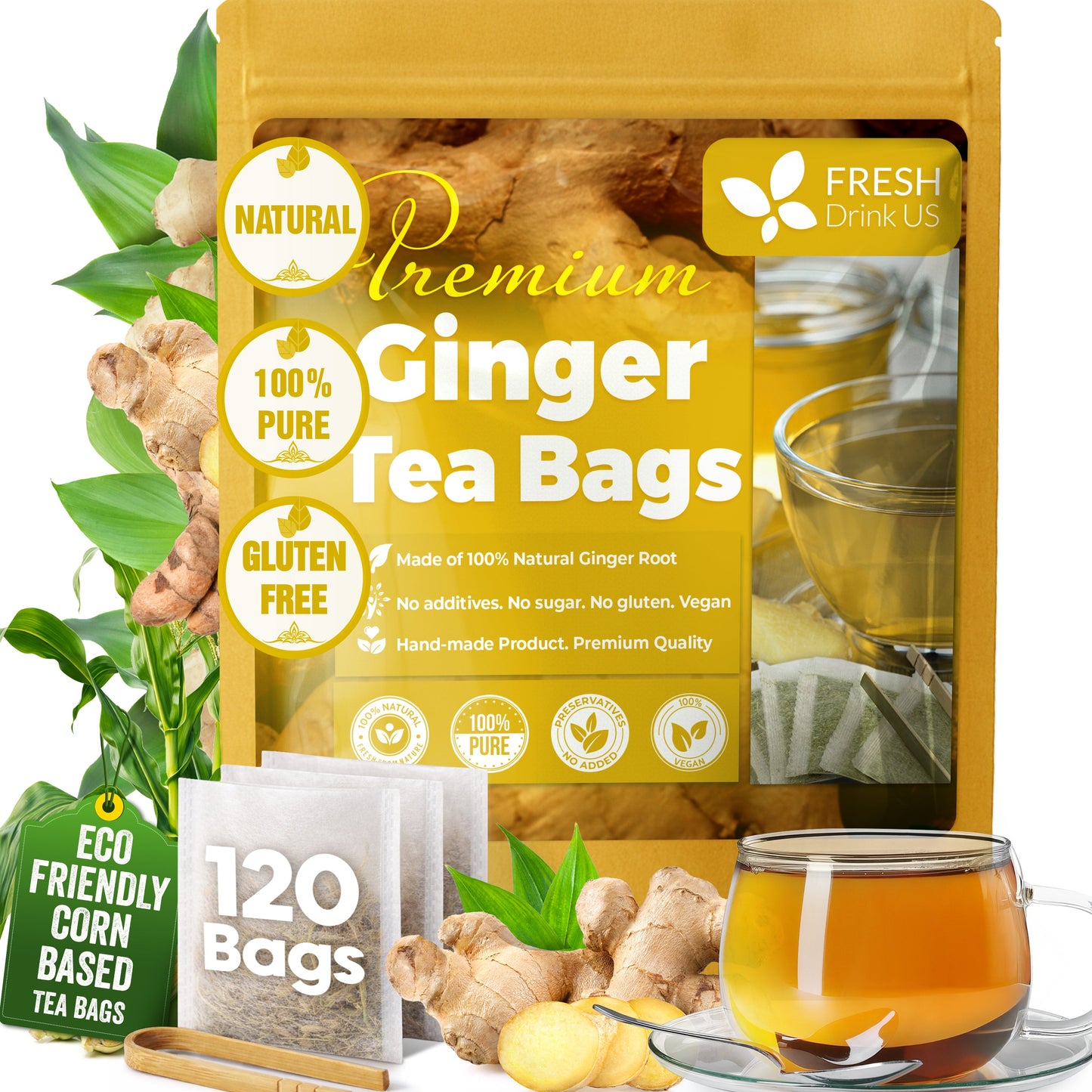 Bolsitas de té de jengibre premium, 100 % natural y puro, hechas de raíces de jengibre. Té de jengibre, infusión de jengibre. Sin azúcar, sin cafeína, sin gluten, vegano. 