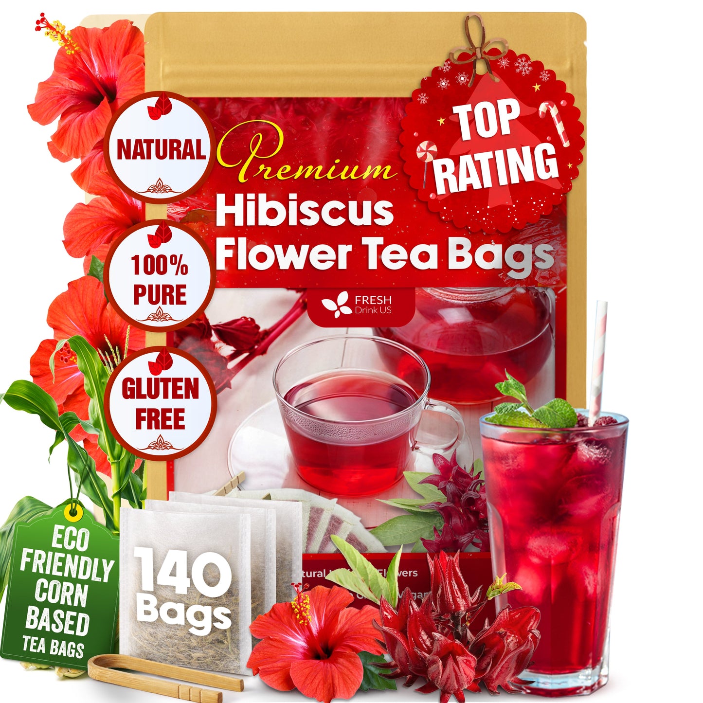 Premium Hibiscus Dried Flowers Tea Bags - 100% Natural & Vegan