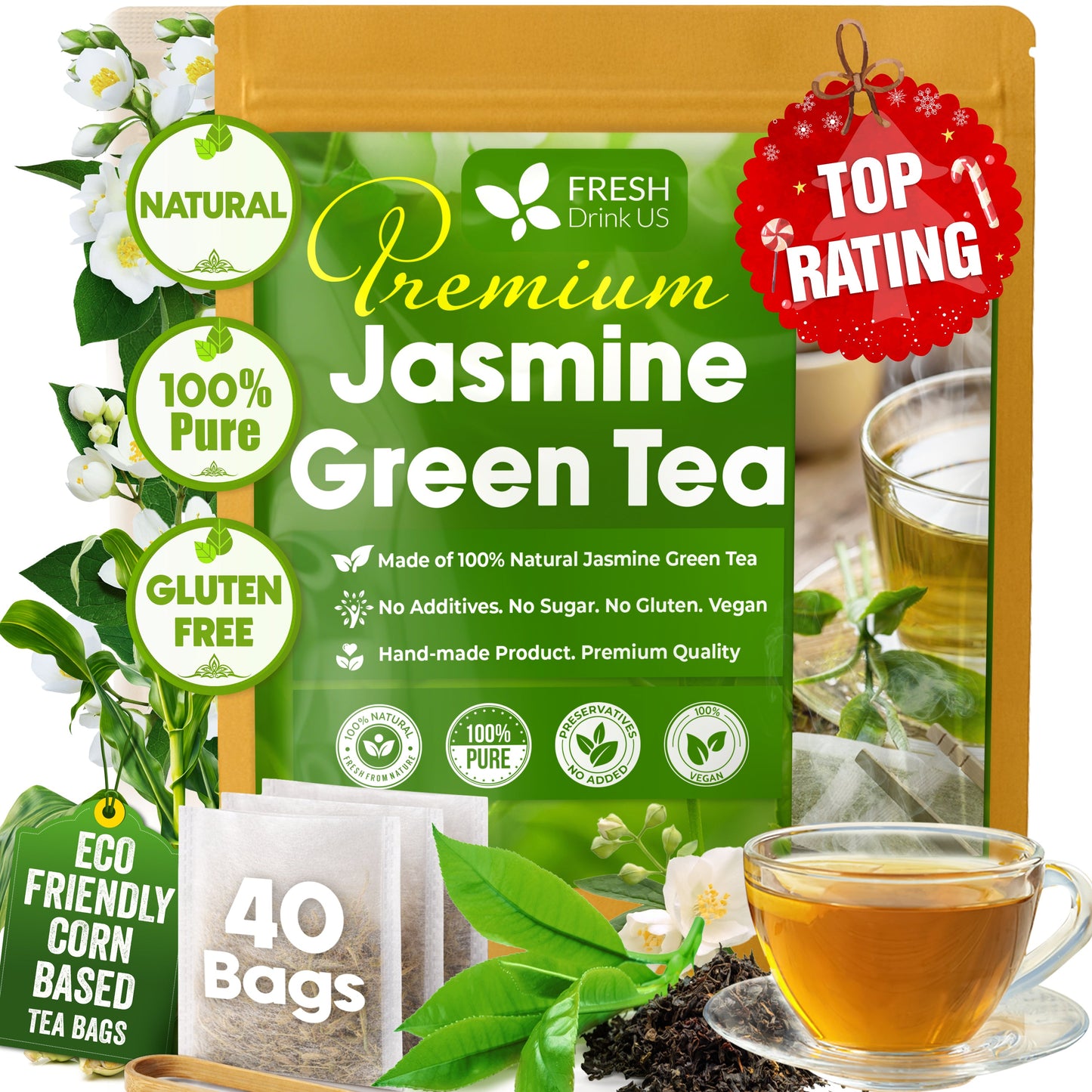 Premium Jasmine Green Tea Bags - Natural & Vegan