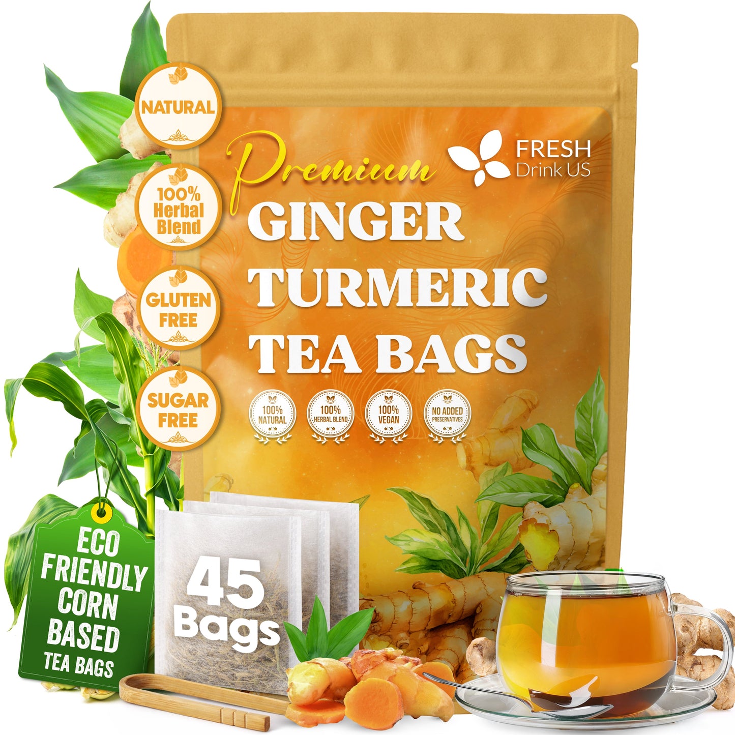 Premium Ginger Turmeric Tea Bags - Handcrafted Herbal Blend