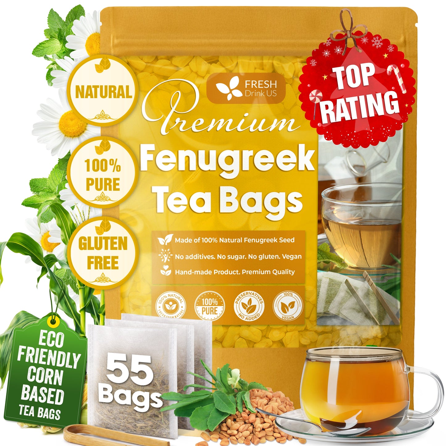 Premium Fenugreek Tea Bags - Caffeine-Free & Vegan (30 Bags)