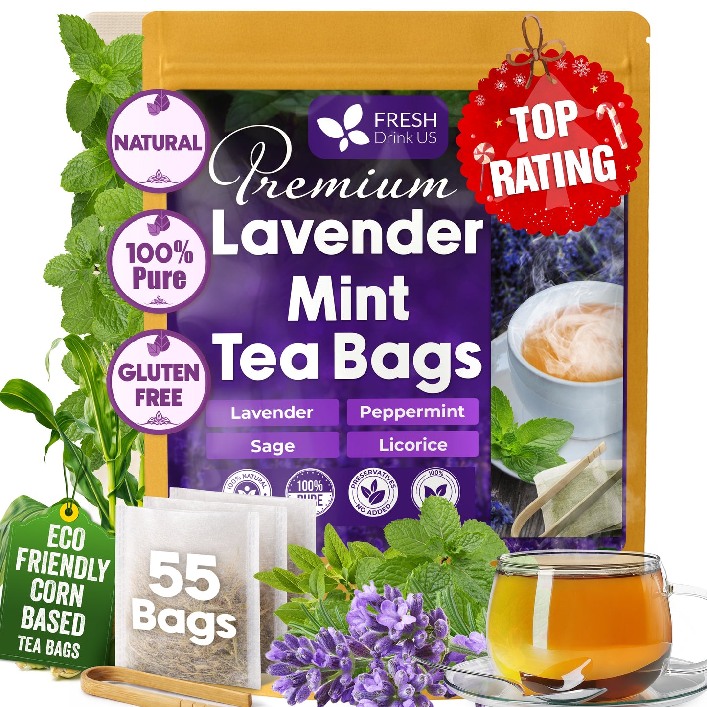 Premium Lavender Mint Tea Bags - 100% Natural Herbal Blend