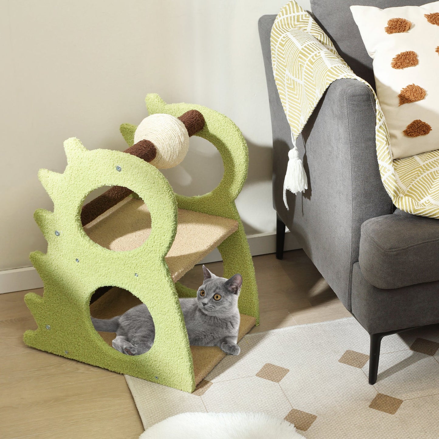 2-Tier Modern Cat Tree with Rotatable Sisal Scratching Ball - Green