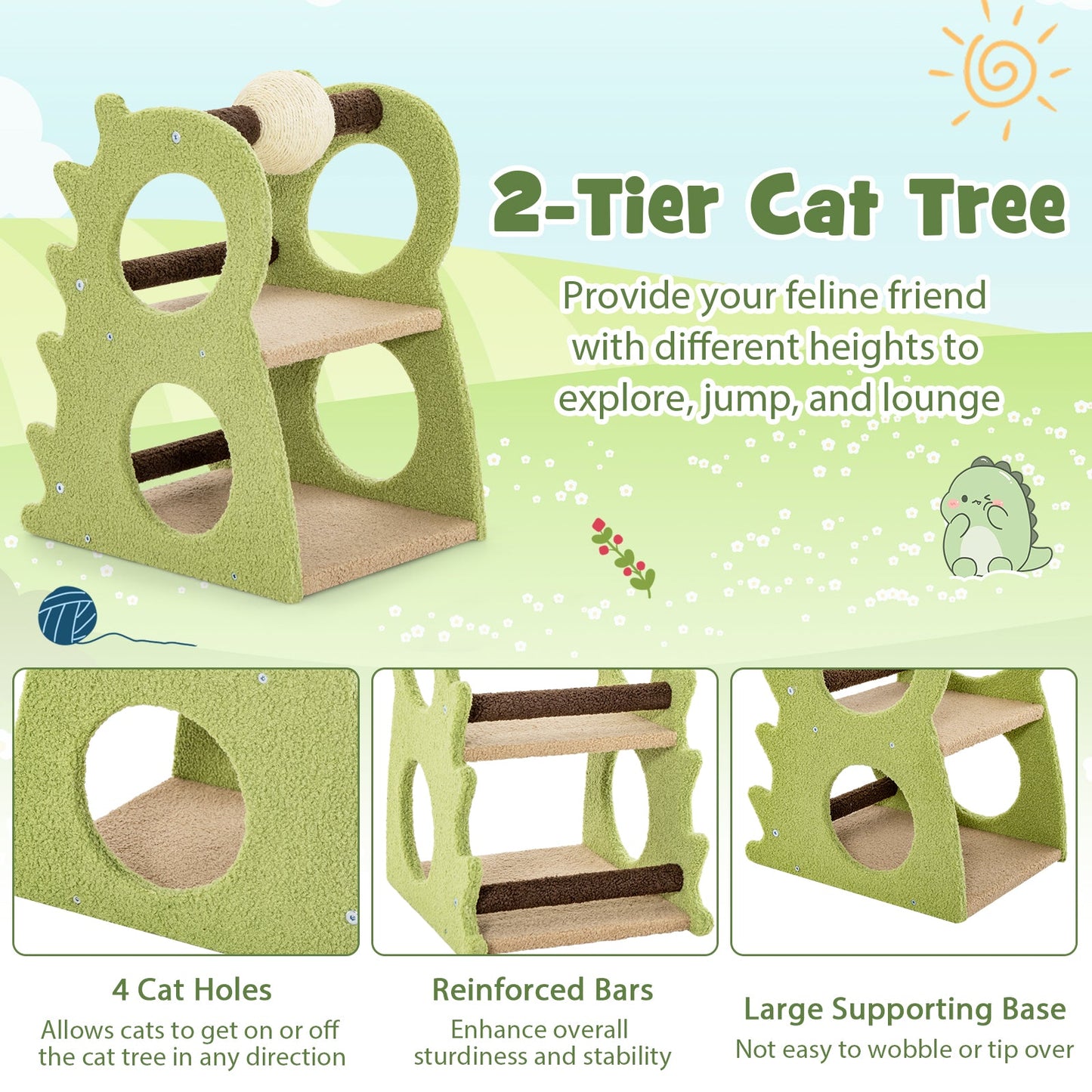 2-Tier Modern Cat Tree with Rotatable Sisal Scratching Ball - Green