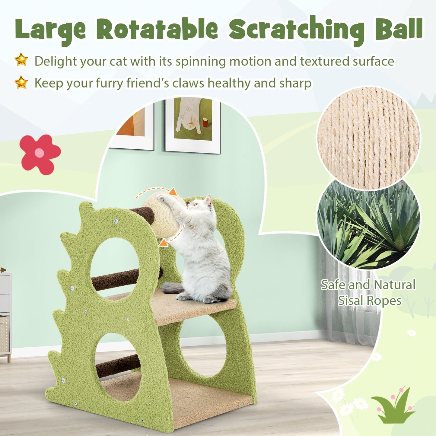 2-Tier Modern Cat Tree with Rotatable Sisal Scratching Ball - Green