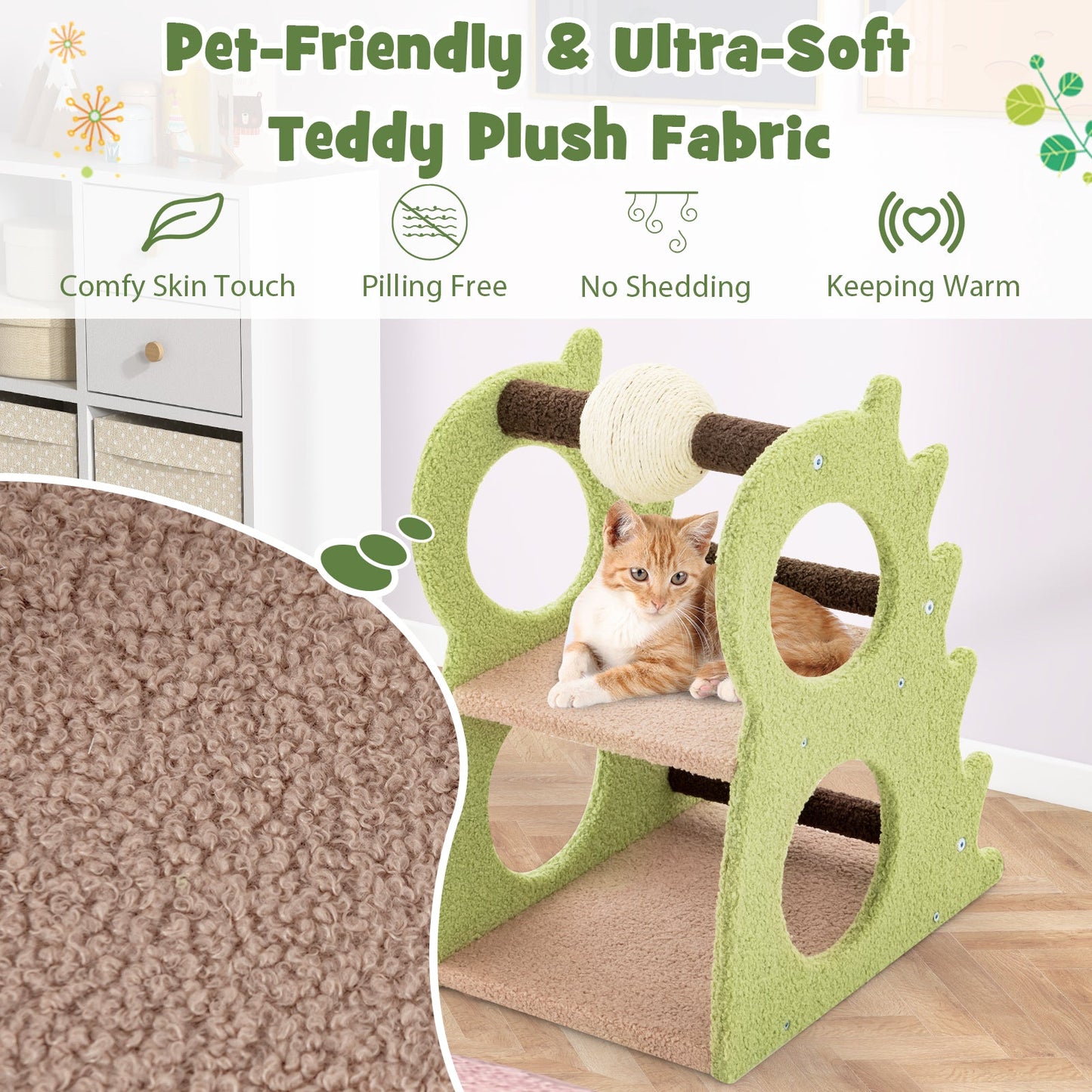 2-Tier Modern Cat Tree with Rotatable Sisal Scratching Ball - Green
