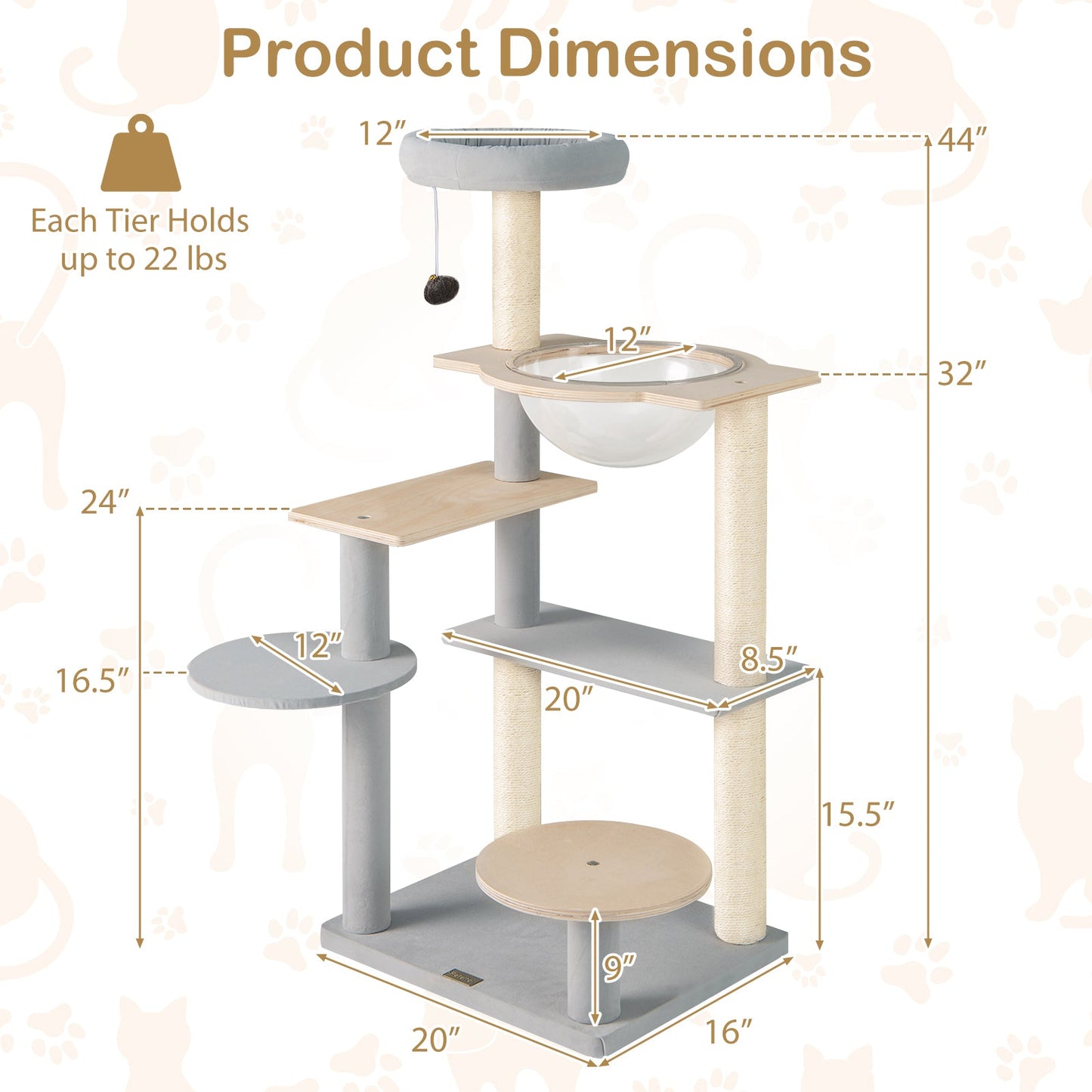 Árbol para Gatos Moderno de 44 Pulgadas con Perchero Desmontable