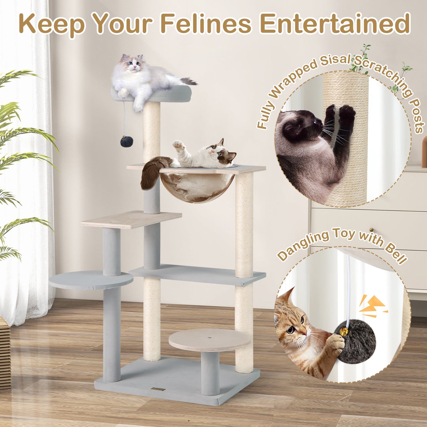 Árbol para Gatos Moderno de 44 Pulgadas con Perchero Desmontable