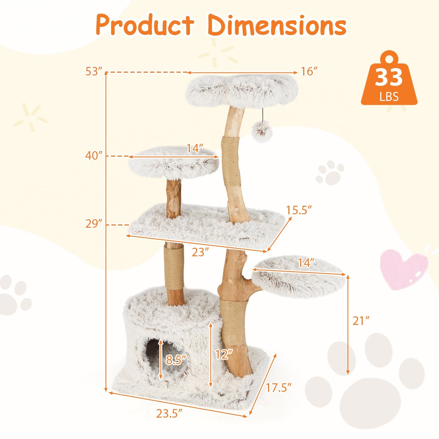 Modern 53-Inch Cat Tree with Natural Wood and Jute Scratching Posts