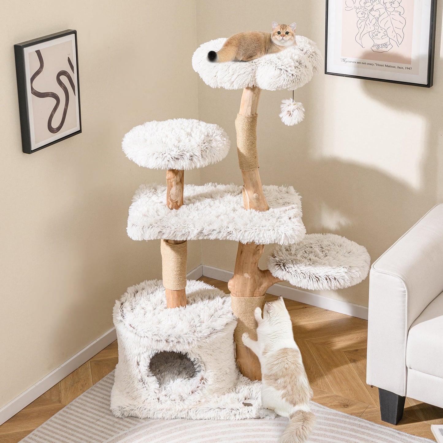 Modern 53-Inch Cat Tree with Natural Wood and Jute Scratching Posts