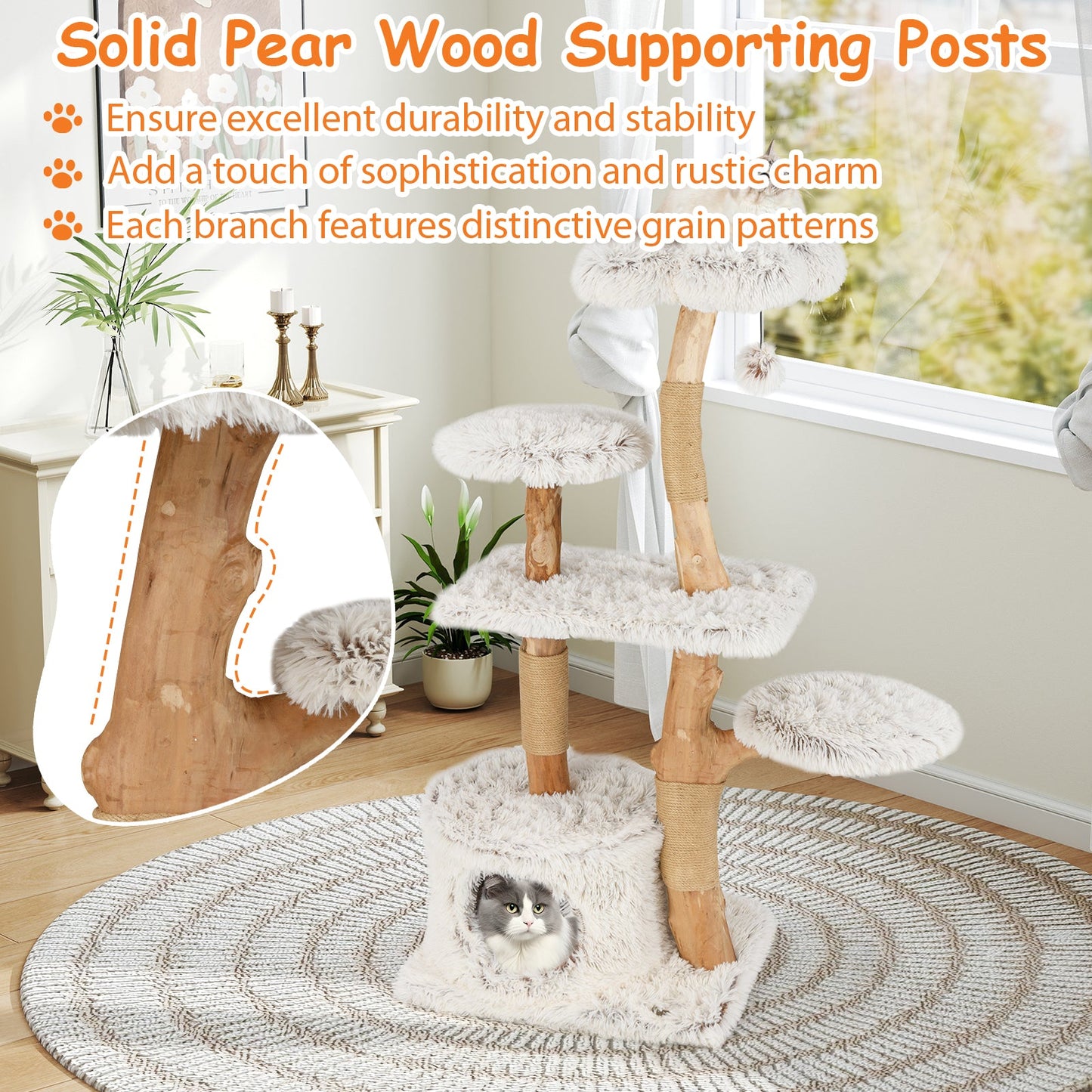 Modern 53-Inch Cat Tree with Natural Wood and Jute Scratching Posts