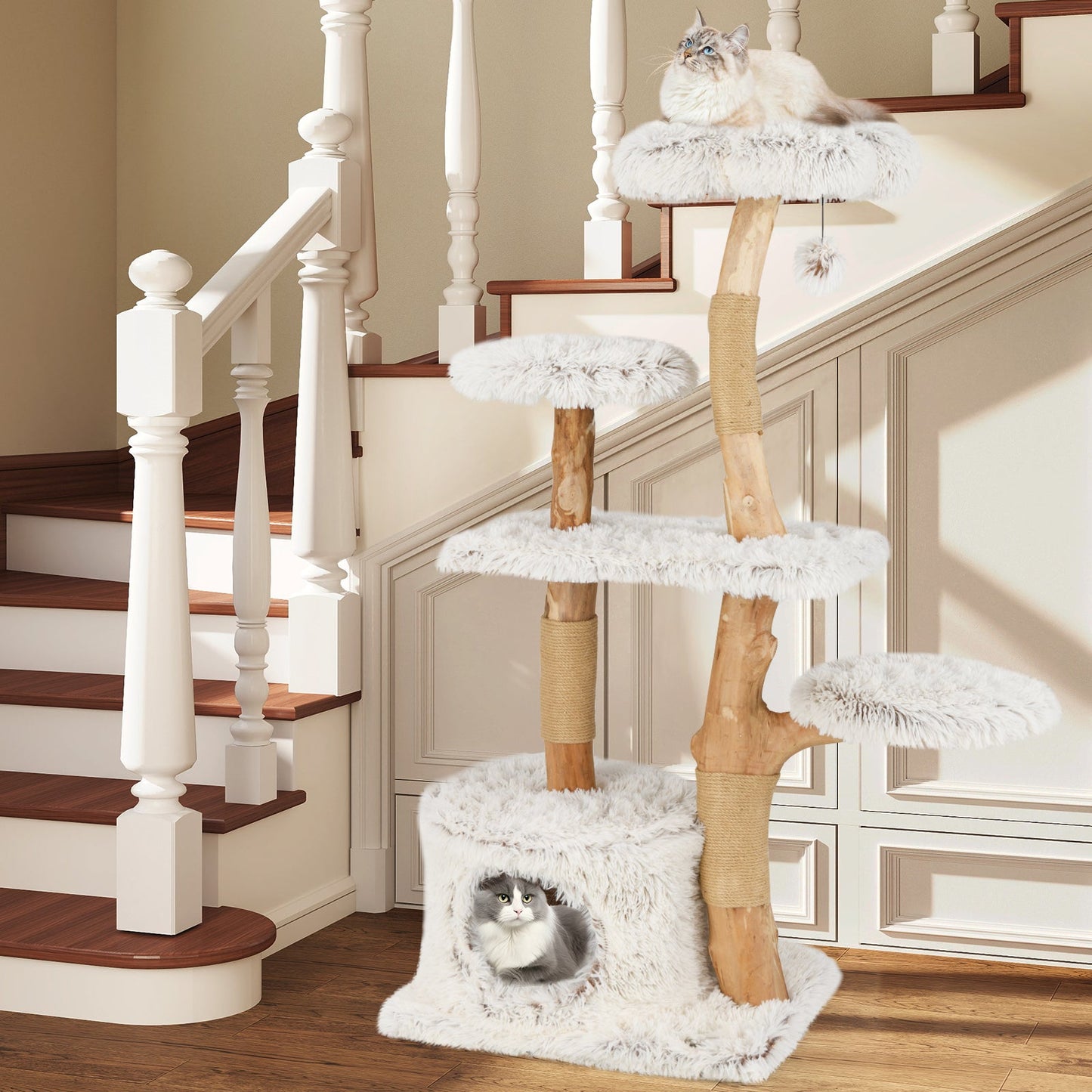 Modern 53-Inch Cat Tree with Natural Wood and Jute Scratching Posts