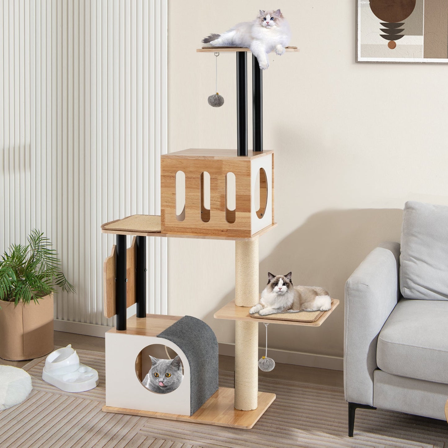 Torre para Gatos Alta Moderna con Doble Condominio y Características de Juego