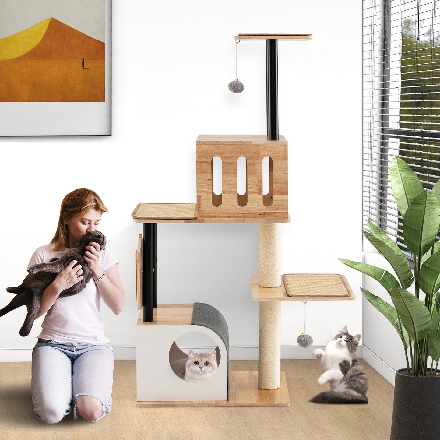 Torre para Gatos Alta Moderna con Doble Condominio y Características de Juego