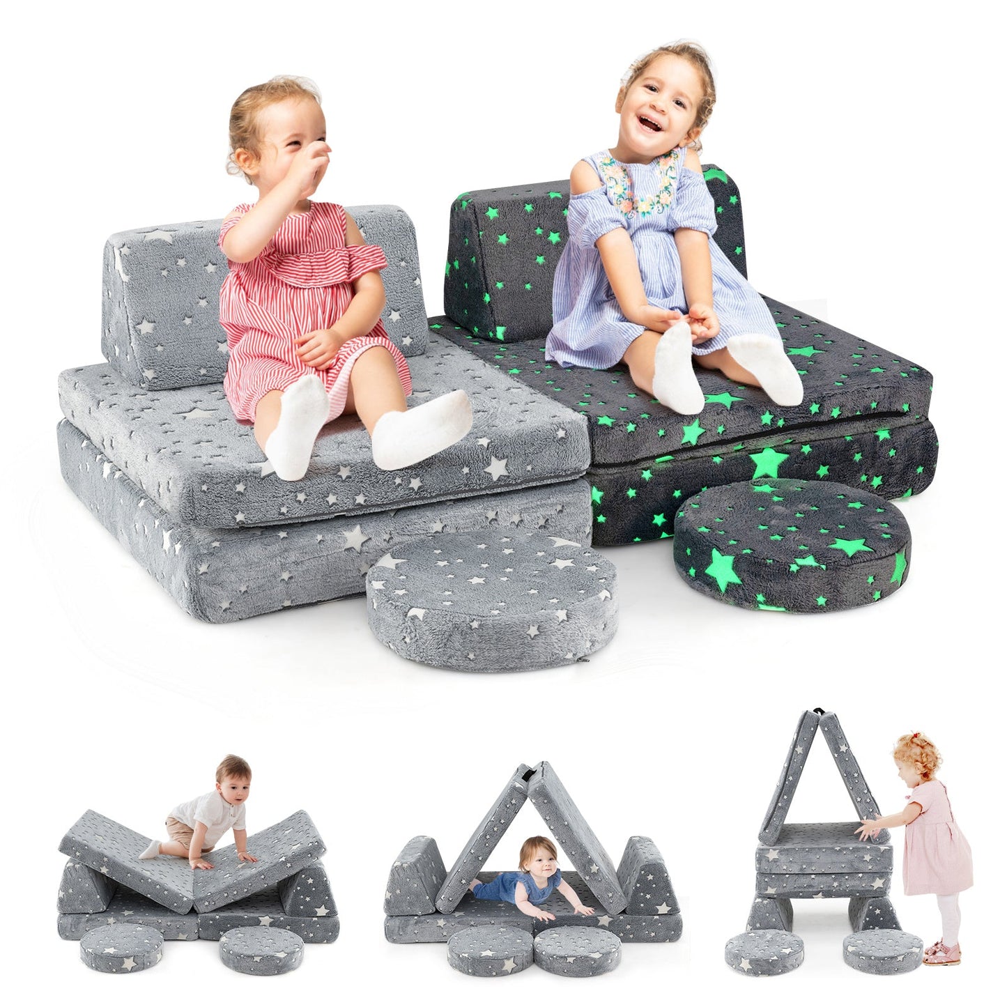 Modular Kids Play Couch Set - Glow in the Dark, Gray