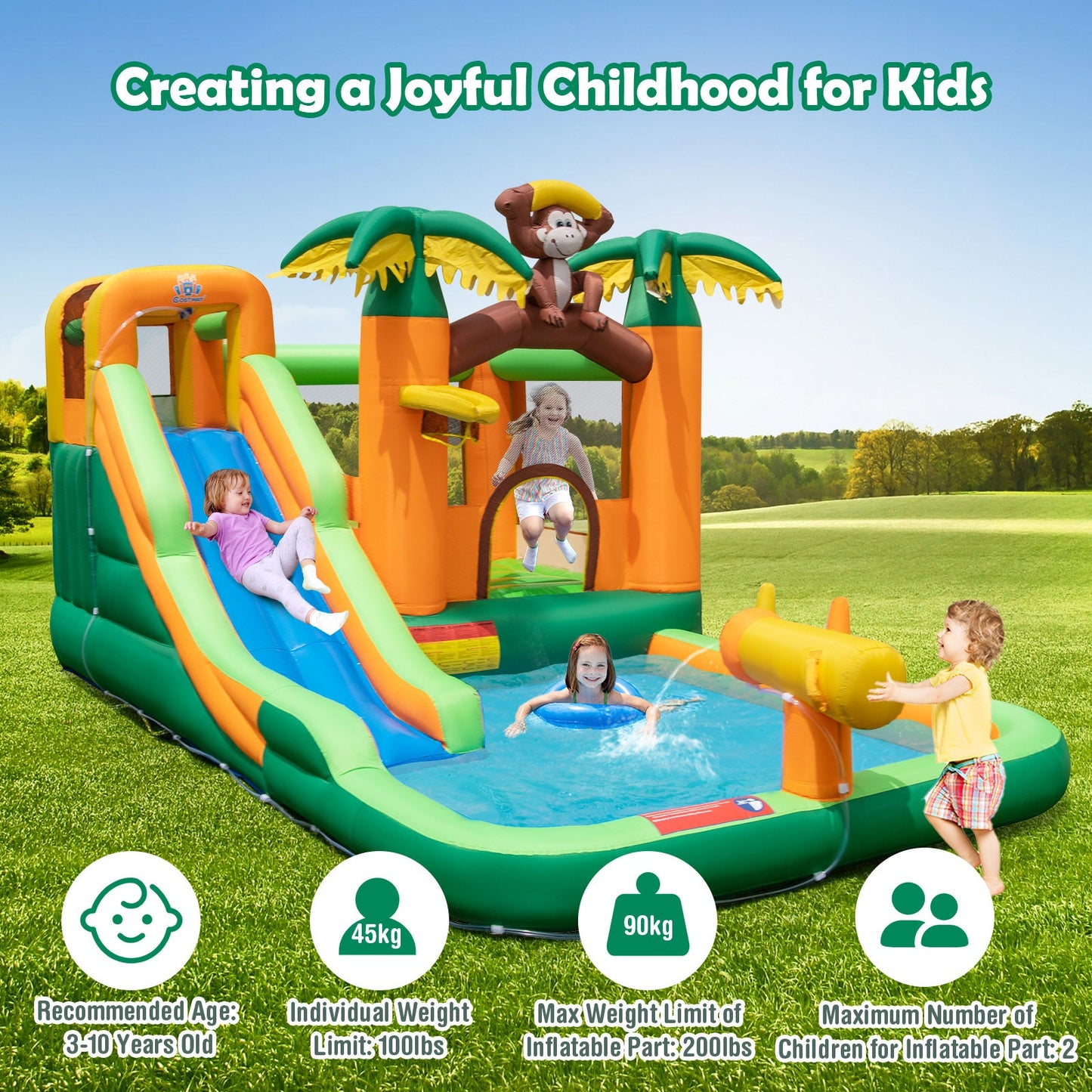 Monkey-Themed Inflatable Water Slide with Jumping Area
