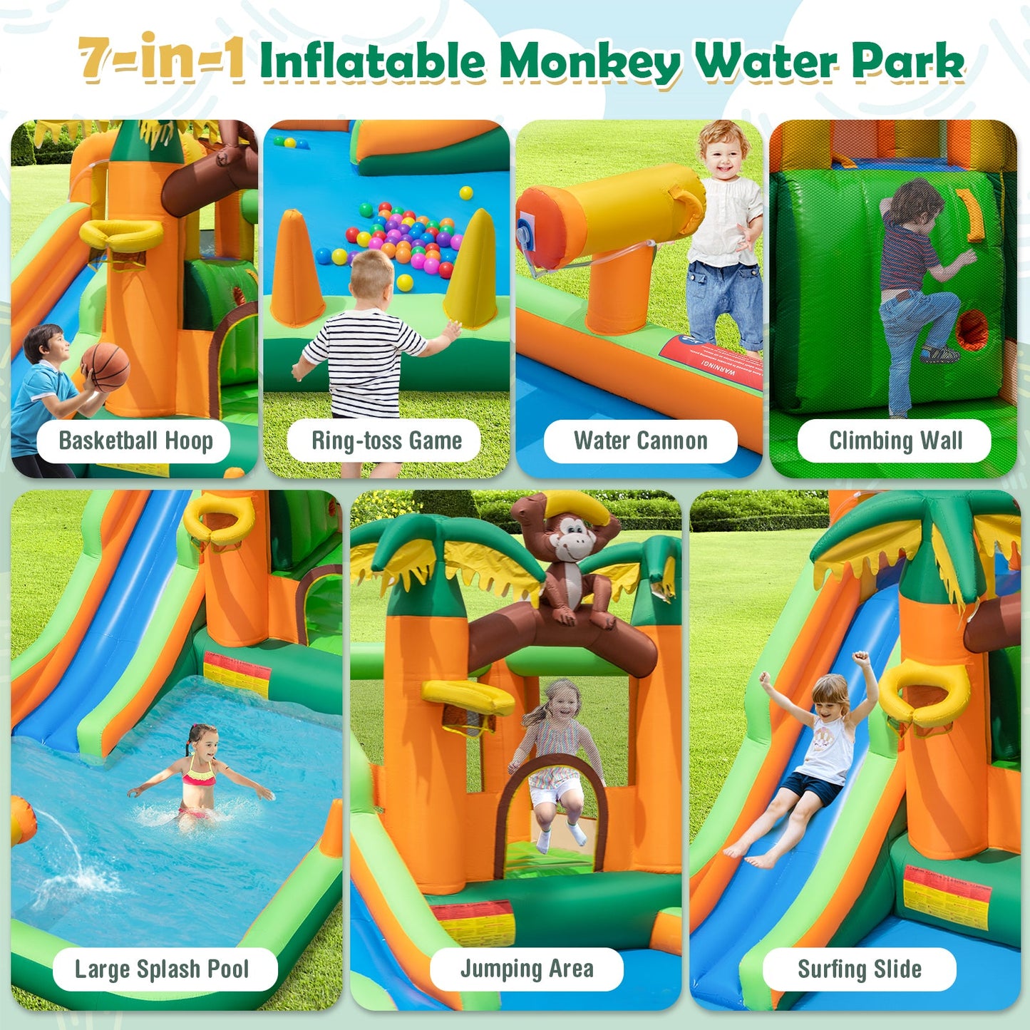 Monkey-Themed Inflatable Water Slide with Jumping Area