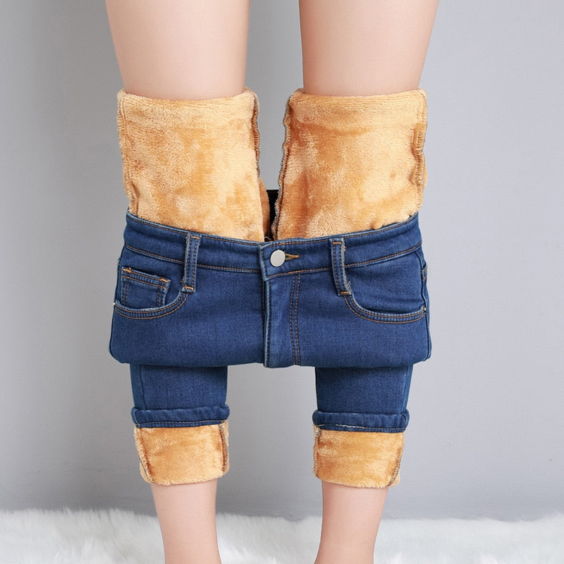Velvet-Lined Thick Denim Pants for Ultimate Comfort