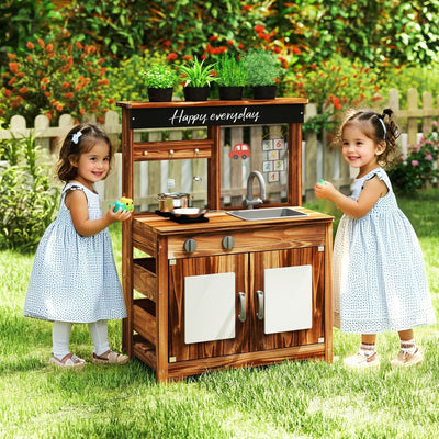 Mud Kitchen Fir Wood Play Kitchen with 4 Pots and Faucet