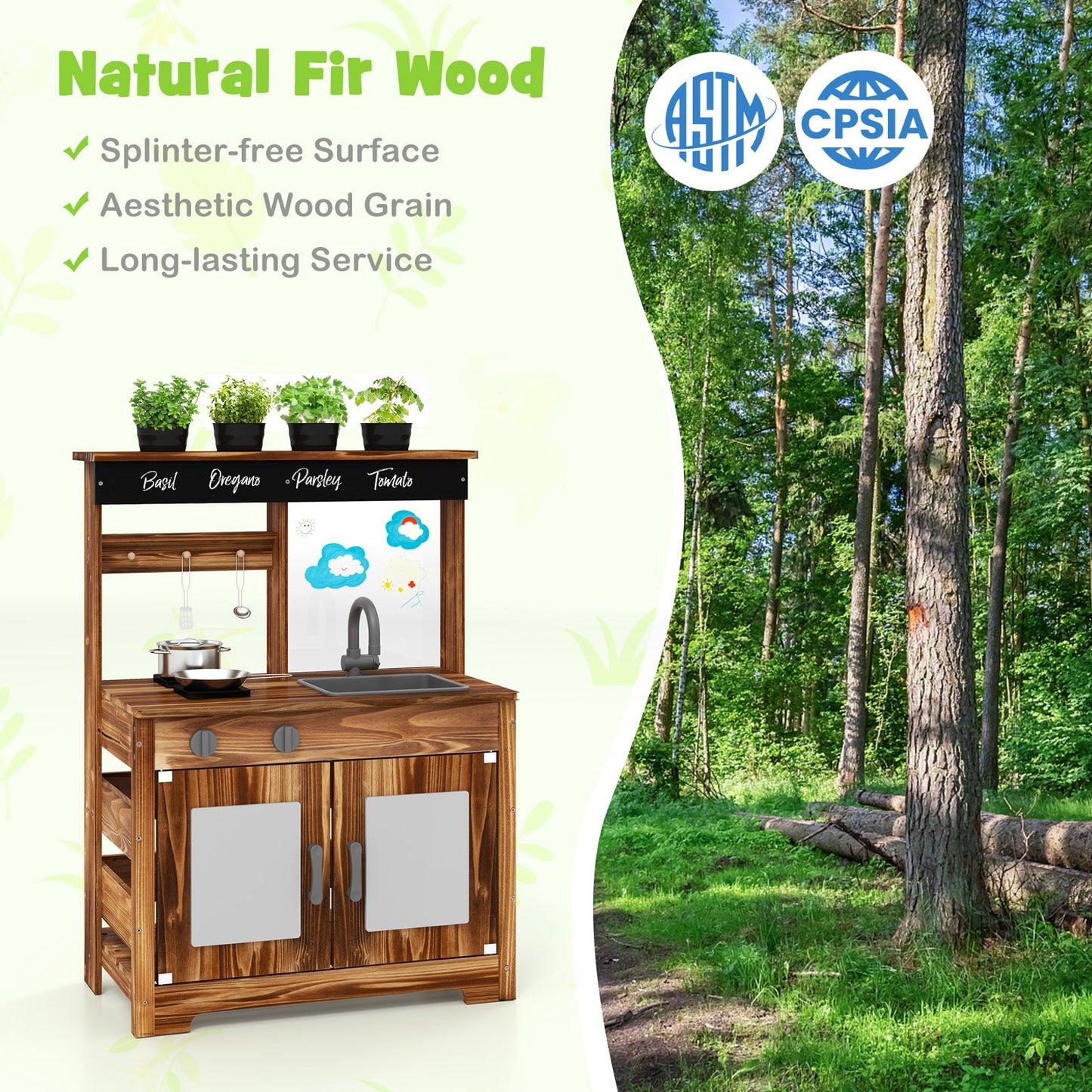 Cuisine de boue en bois de sapin avec 4 pots et robinet