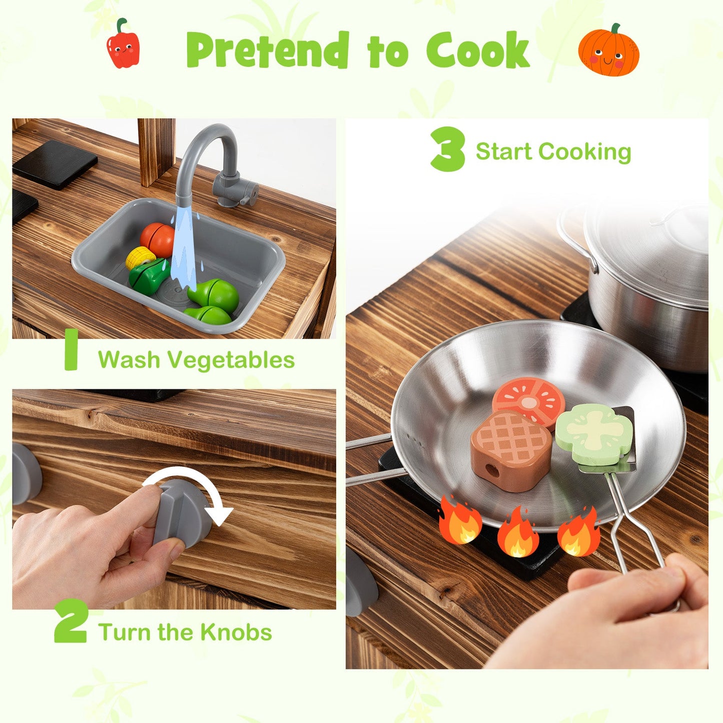 Cuisine de boue en bois de sapin avec 4 pots et robinet