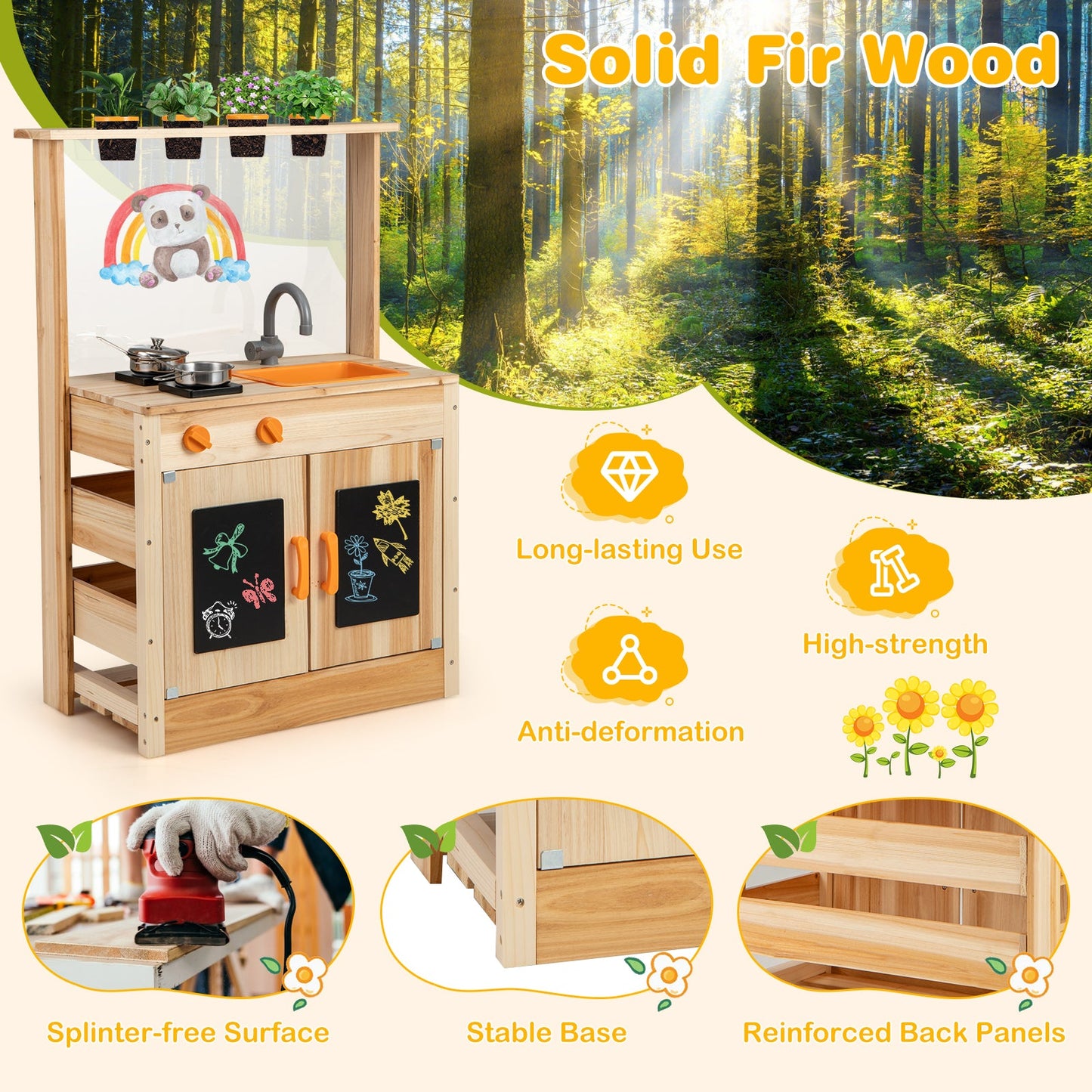 Cuisine de boue pour enfants en bois de sapin avec pots de plantation et tableaux noirs