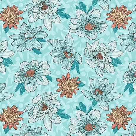 Tissu en coton Floral Toss Aqua Dahlias au crépuscule par yard