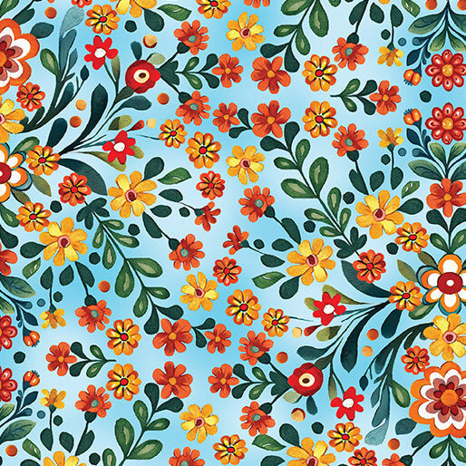 Tela de algodón Multi Blue Folklore Garden Sky - 44"/45" por yarda