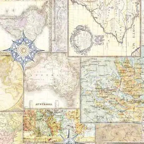 Multi Color Travel Maps Cotton Wideback Fabric per Yard