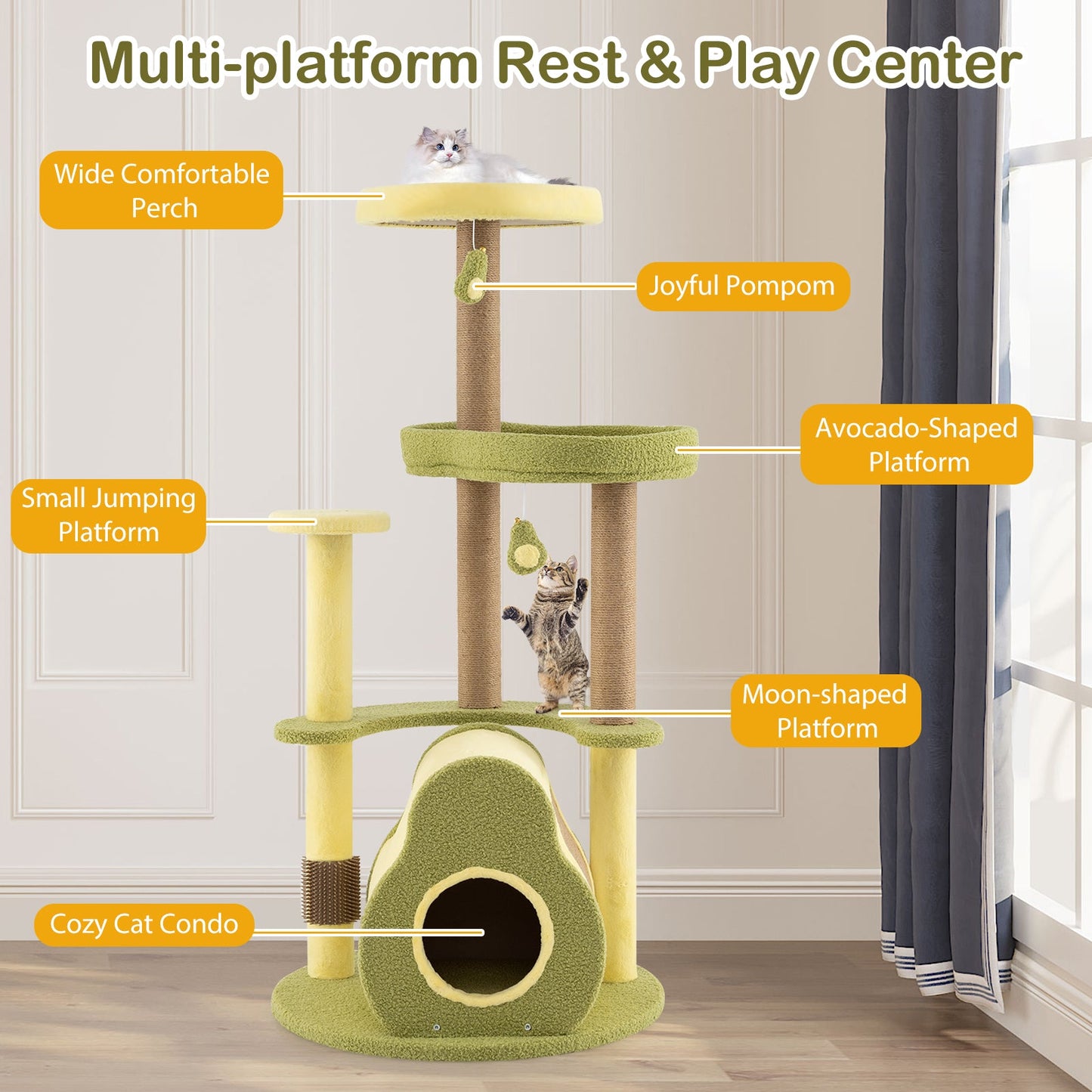 Torre para Gatos Multi-nivel Independiente con Condominio de Aguacate