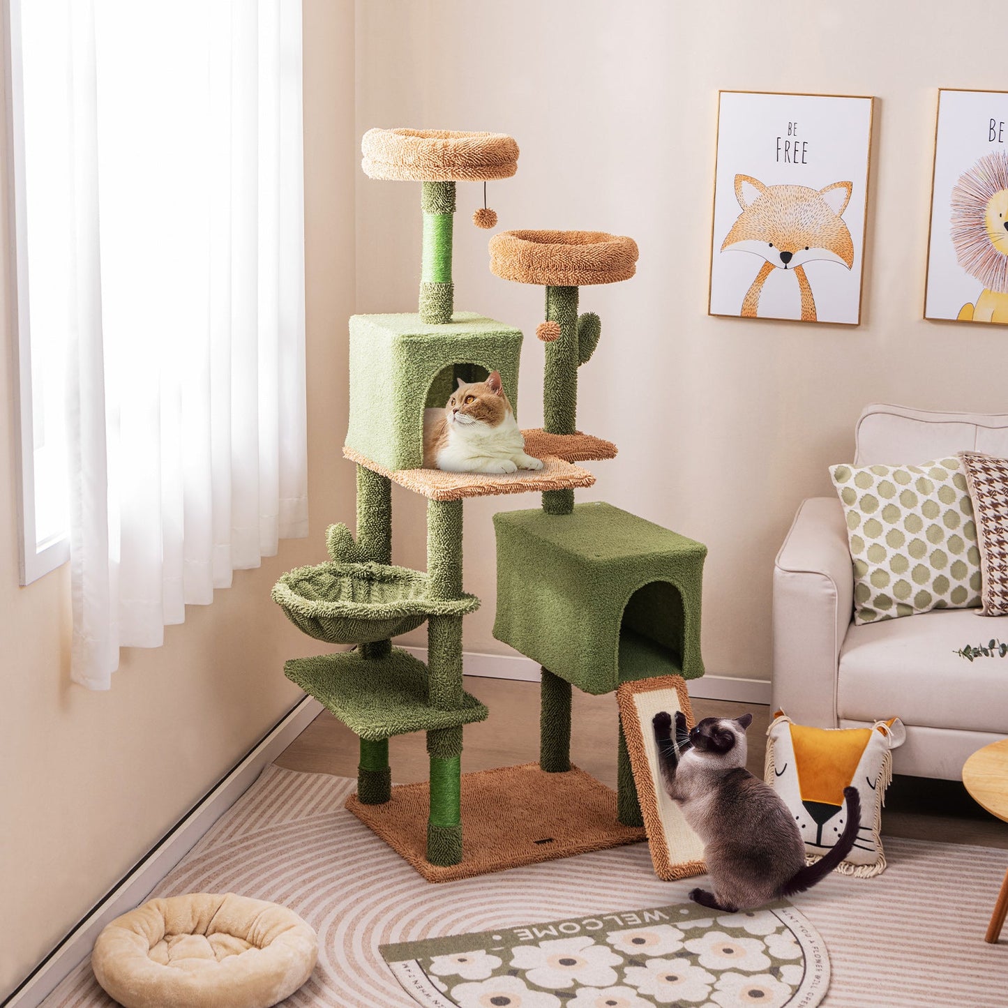 Árbol para Gatos en Forma de Cactus de Múltiples Niveles con Postes para Rascar y Condominios - Verd