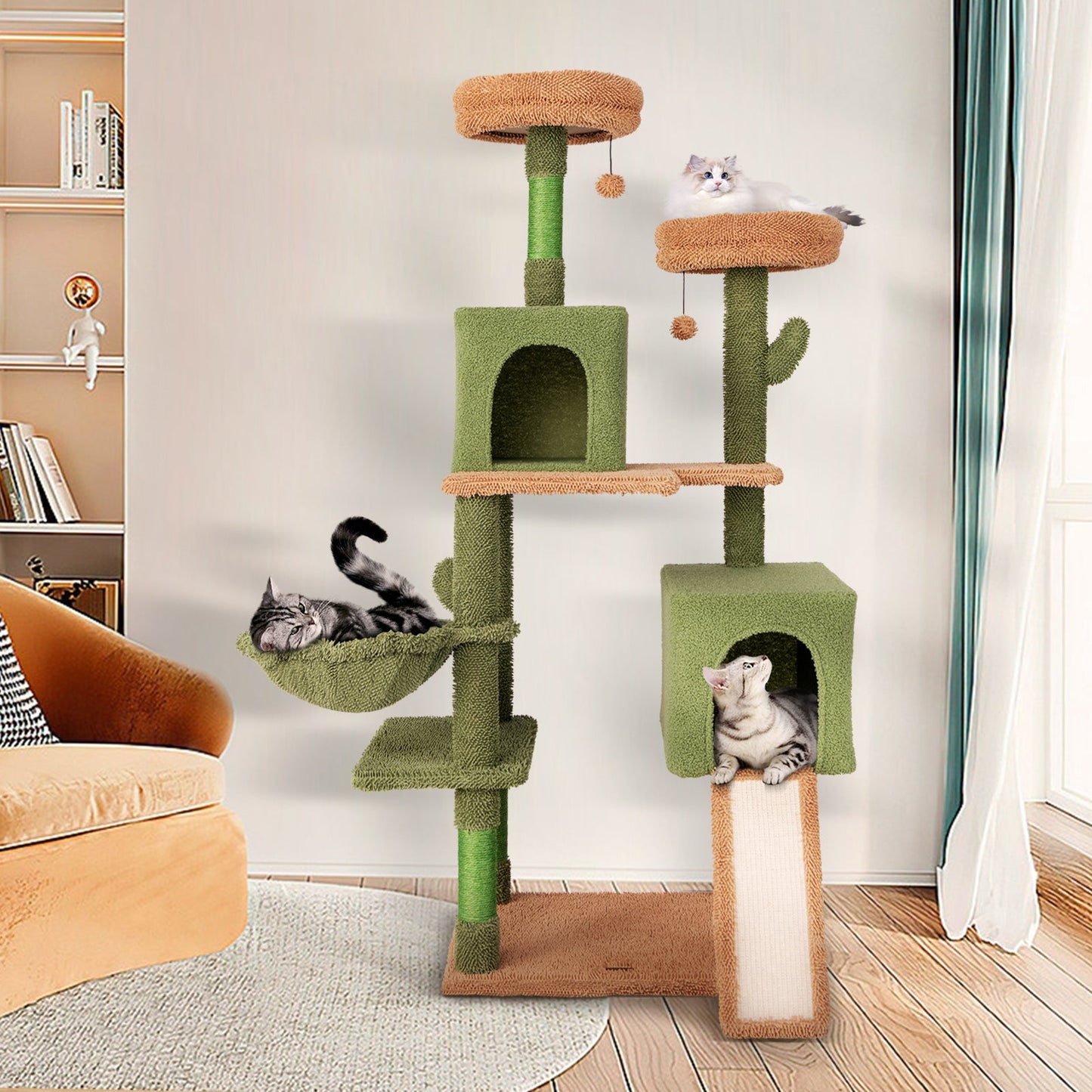 Árbol para Gatos en Forma de Cactus de Múltiples Niveles con Postes para Rascar y Condominios - Verd