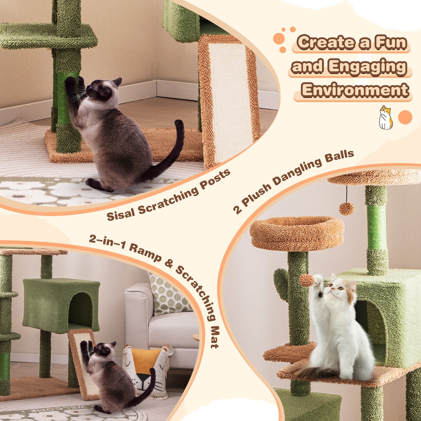 Árbol para Gatos en Forma de Cactus de Múltiples Niveles con Postes para Rascar y Condominios - Verd